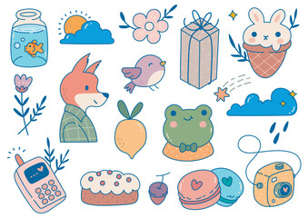 set of kawaii cartoon doodle design elements