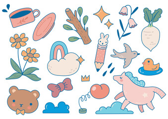 set of kawaii cartoon doodle design elements