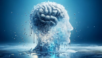 Icy human head profile with a detailed brain melting into water, conveying the concept of mental thawing or the fluidity of thoughts and intelligence - obrazy, fototapety, plakaty