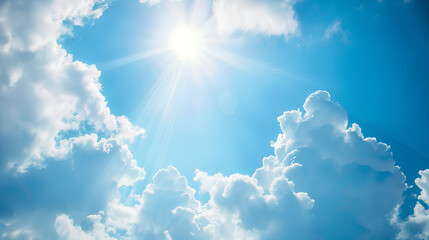 The sky is blue with many clouds. The clouds are white and fluffy. The sky is very clear and bright
