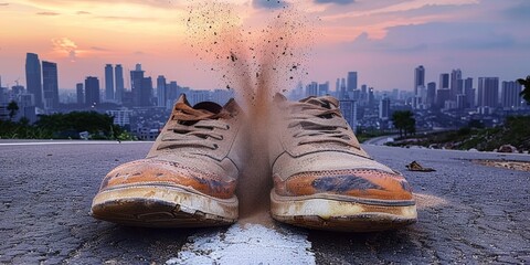 Worn-out orange sneakers disintegrating into a cloud of dust on urban pavement with a city skyline during sunrise, depicting the wear of relentless urban running
