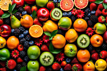 Varity of Fresh Tasty fruits arranged or decorated on table, Slices of varieties of tasty juicy fruits , kept on wooden table and bowl, Ai generated