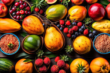 Varity of Fresh Tasty fruits arranged or decorated on table, Slices of varieties of tasty juicy fruits , kept on wooden table and bowl, Ai generated - Powered by Adobe