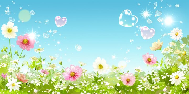 Dreamy digital illustration of heart-shaped bubbles over a blooming flower meadow with a bright and cheerful springtime atmosphere