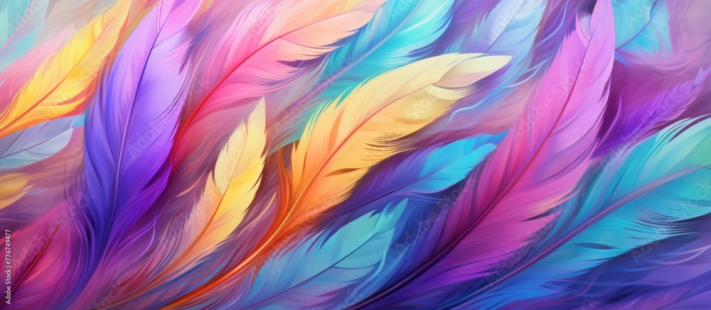 Poster vibrant and detailed painting showcasing an array of colorful feathers in a close-up view