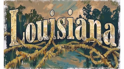 Rustic Louisiana Lettering with Swamp and Cypress Trees, a Graphic Representation of Southern Natural Beauty and Cultural Identity - obrazy, fototapety, plakaty