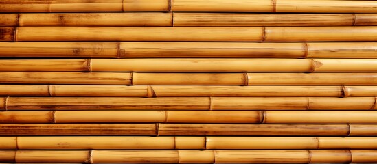 A detailed view of a wall made of bamboo sticks, creating a textured and natural pattern in a close-up shot