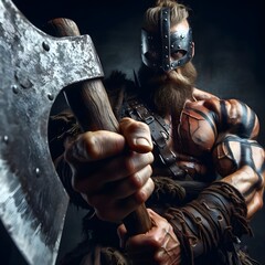 Viking warrior wearing shimmel and rag holding ax pointing at camera.