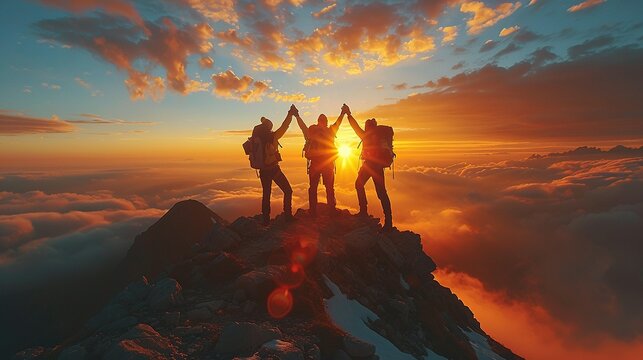 Together overcoming obstacles with three people holding hands up in the air on mountain top , celebrating success and achievements