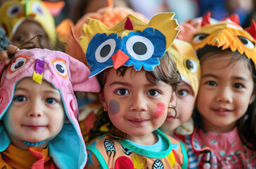 A group of happy children wearing cute costumes, including an orange hoodie with animal ears and two blue hoodies with space-themed hats, pose for the camera in their playroom at nursery school