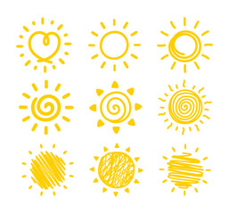 Simple hand drawn cartoon sun. morning weather decorative elements for children