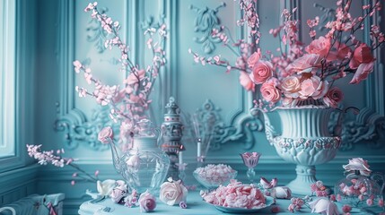 light blue spring home aesthetics, baroque inspired, ultra-realistic, all things pink, highly detailed, cinematic photography. Generated AI. 