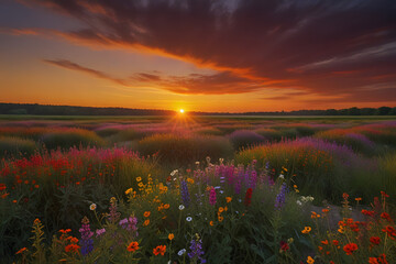 Vibrant Sunset Over Field of Wildflowers, Nature's Colors