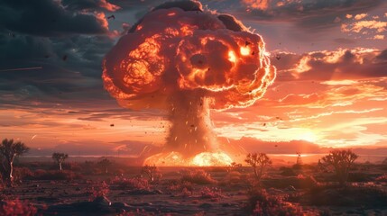 Nuclear blast. Fire mushroom cloud. Atomic bomb explosion. Deserted land. Apocalypse, world war. AI Generated - obrazy, fototapety, plakaty