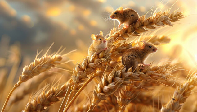 A group of mice perched on the top stem of an ear of wheat, each mouse holding onto one edge and sitting with their backs to it, overlooking a field of golden grain in autumn, showcasing small cute fa