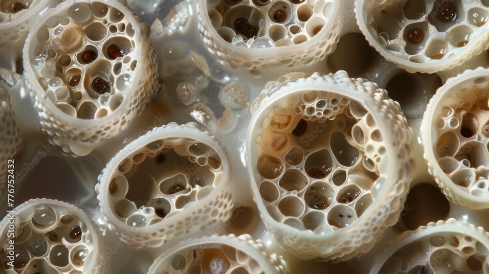 Poster a series of circular eggs with a bumpy textured surface. some of the eggs are ruptured revealing hun