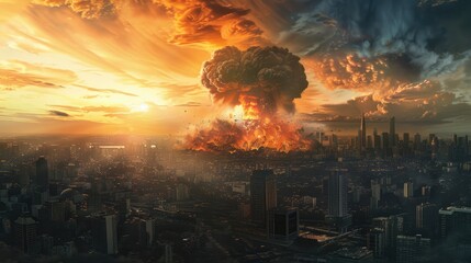 Nuclear explosion in a big city. Fire mushroom cloud. Atomic bomb blast. Apocalypse, world war. AI Generated