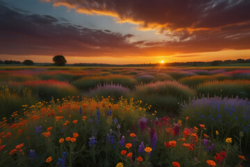 Vibrant Sunset Over Wildflower Field