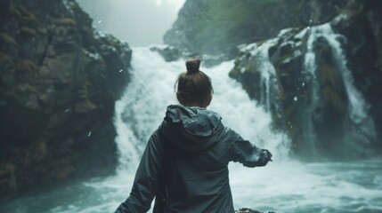 A woman stands at the edge of a picturesque waterfall back facing the camera as reaches out to touch the cool mist of the . .