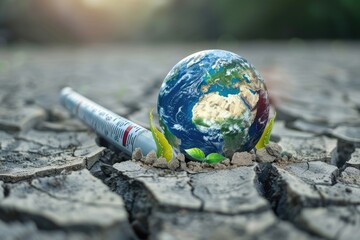 A conceptual image of Earth cracking like dry land with a thermometer bursting