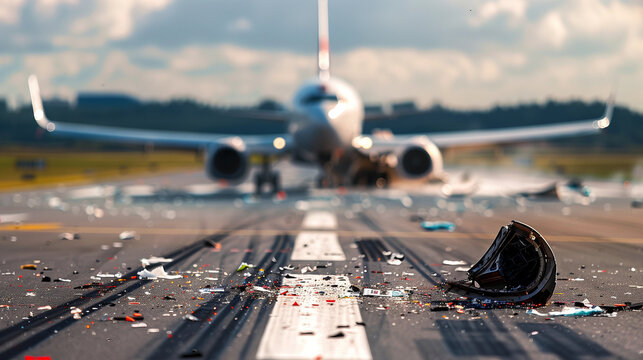 Airplane Crash on Runway, Blurry Out-of-Focus Aircraft Incident with Debris - Bird Collision Aftermath airport disaster, FAA regulation illustration.