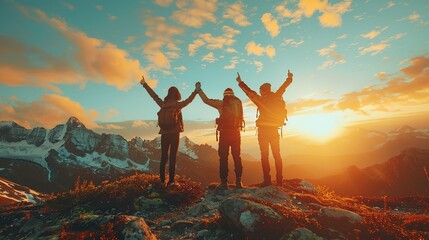 Together overcoming obstacles with three people holding hands up in the air on mountain top , celebrating success and achievements