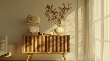 A sideboard with wooden legs, holding  white vases of different sizes and shapes