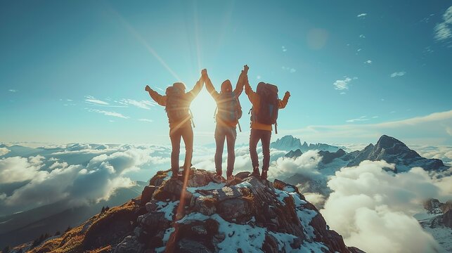 Together overcoming obstacles with three people holding hands up in the air on mountain top , celebrating success and achievements
