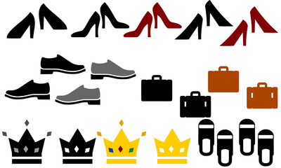 shoes, bag, and crown icon set. Replaceable vector design