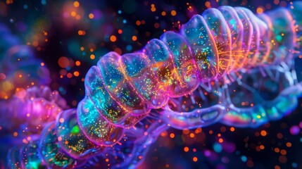 A series of fluorescent images capturing the journey of a single molecule through the winding pathways of a mitochondrion. The vibrant - obrazy, fototapety, plakaty