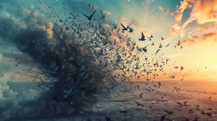 A dramatic photograph of hundreds of black crows flying over the edge of an apocalyptic destroyed world at sunset