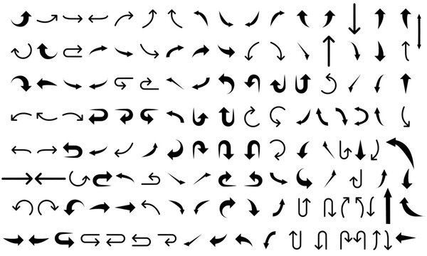 135 icont of arrow. Curved arrow icon vector illustration. Set of new style black vector arrows isolated on white. Vector icon arrow. Arrows vector illustration collection. Replaceable vector design