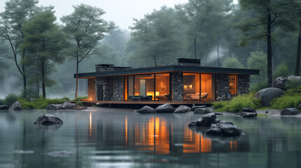 house in the forest and river