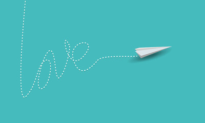 creative paper airplane illustration on blue background, love with outline. copy space.