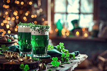 St. Patrick's Day celebration with green-themed decorations, Festive St. Patrick's Day gathering adorned with green-themed decorations.
