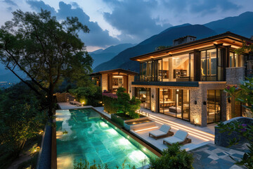 A luxurious villa with large windows, overlooking the valley and mountains at night.