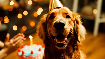 Golden retriever wearing a party hat, celebrating with a birthday cake, blurry lights and hands clapping in the background. - obrazy, fototapety, plakaty