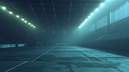 a soccer field inside an empty warehouse, dark blue and teal lighting, low angle shot, cinematic, foggy - obrazy, fototapety, plakaty
