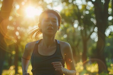An exhausted Asian woman is fighting the heat wave while running in a park on a sunny - obrazy, fototapety, plakaty
