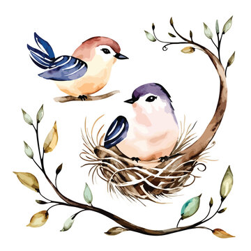 recommend clip art: Colorful watercolor birds in nest drawing art design vector illustration. Radiant Roost: Watercolor Birds Nesting with Brilliance
