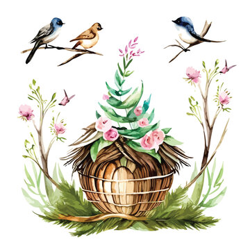 recommend clip art: Colorful watercolor birds in nest drawing art design vector illustration. Chromatic Comfort: Colorful Watercolor Nest with Birds