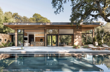 A midcentury modern style pool house with large windows and sliding doors, surrounded by an outdoor seating area with chairs, a table, and plants.  - obrazy, fototapety, plakaty