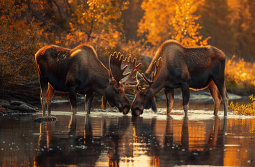 Two moose drinking water from the river in Grand Teton National Park, USA