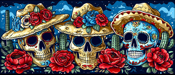 Fototapeta premium traditional sugar skull and other mexican holidays symbols. illustration