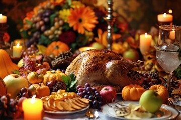 Thanksgiving atmosphere with a bountiful feast and gratitude, Warm Thanksgiving ambiance filled with a generous feast and gratitude.