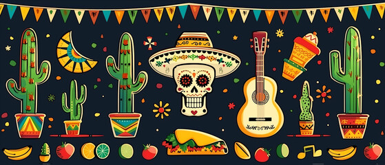 Illustration in honor of the Mexican holiday Cinco de Mayo: chili, sugar skull, taco and others. Illustrations for posters, banners, prints in honor of Mexican holidays - 776759862