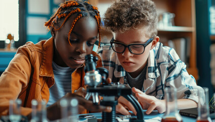 A photo of two students, one African American girl and the other white boy with blonde hair using microscopes in an educational setting. - obrazy, fototapety, plakaty