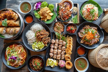 Vibrant Asian food spread with a focus on street food and traditional favorites, Colorful Asian food display featuring a variety of street food and beloved traditional dishes.