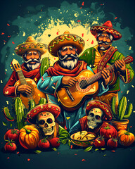 Cartoon mexican banners. Traditional Mexican symbols: chili, sugar skull, taco and others. Illustrations for posters, banners, prints in honor of Mexican holidays