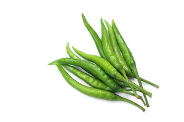 Green chillies isolated on white background. Concept, food ingredient for cooking. Spicy taste....
